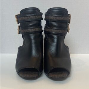 Michael Kors Black Leather Peep-Toe Ankle Mules with Buckle Straps